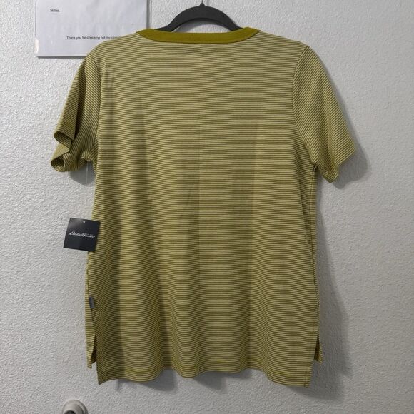 Eddie Bauer Womens Cotton Short Sleeve Shirt Top Medium Mossy Green Striped - Picture 3 of 6